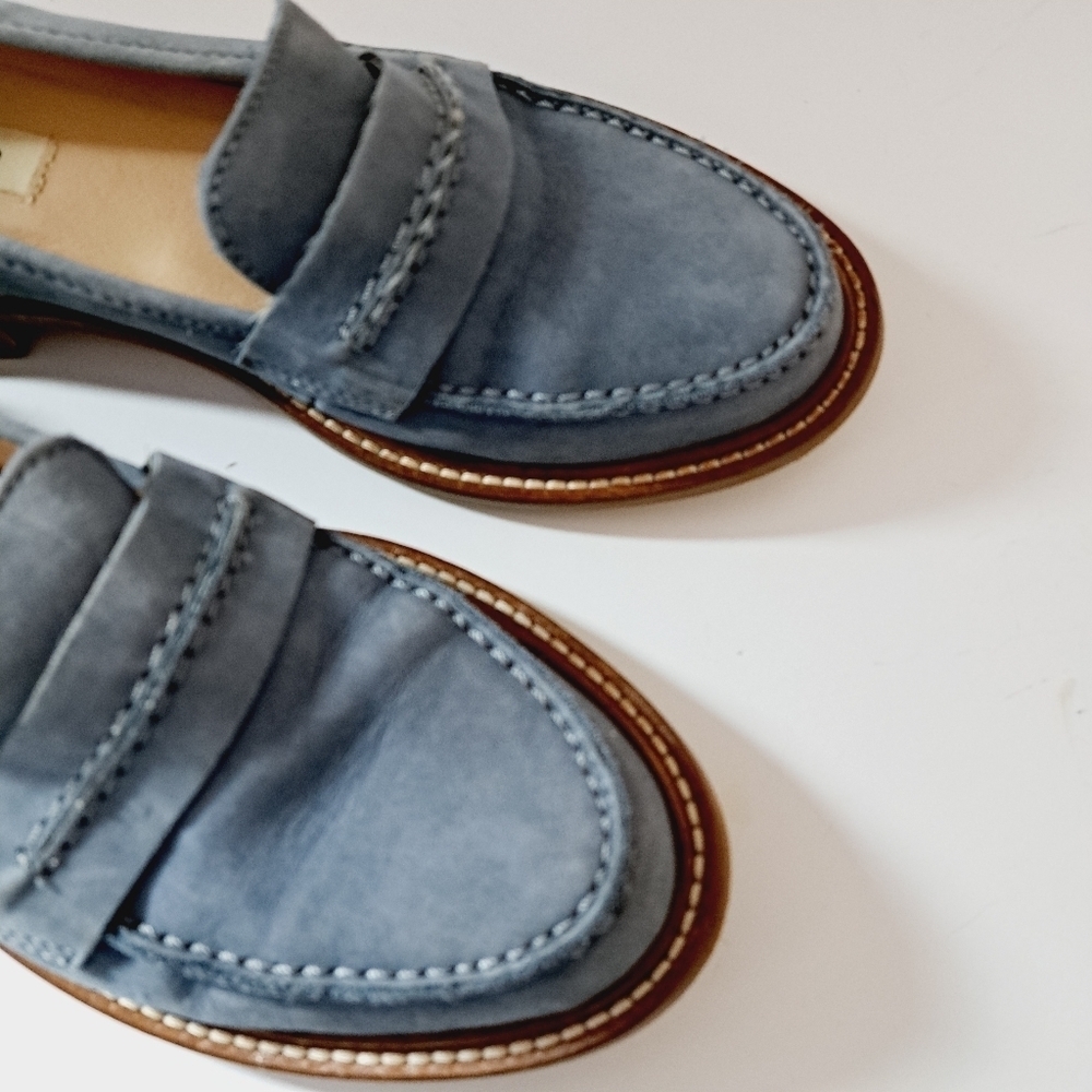 Dune London Grateful Block‎ Heel Blue Suede Loafers - Picture 3 of 10